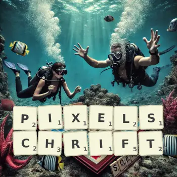 Kreative Illustration für ein Scrabble-Spiel, bei dem das Wort PIXELSCHRIFT mit Steinen auf dem Brett gelegt wurde.