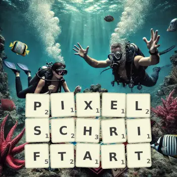 Kreative Illustration für ein Scrabble-Spiel, bei dem das Wort PIXELSCHRIFTART mit Steinen auf dem Brett gelegt wurde.