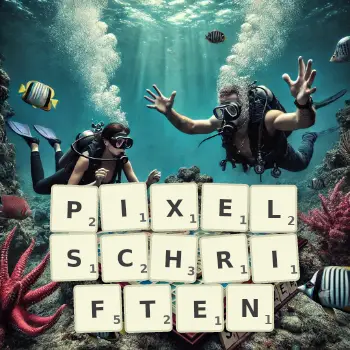 Kreative Illustration für ein Scrabble-Spiel, bei dem das Wort PIXELSCHRIFTEN mit Steinen auf dem Brett gelegt wurde.