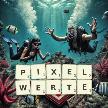Kreative Illustration für ein Scrabble-Spiel, bei dem das Wort PIXELWERTE mit Steinen auf dem Brett gelegt wurde.
