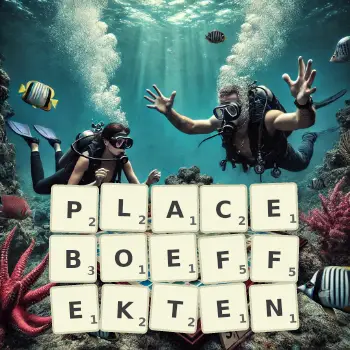 Kreative Illustration für ein Scrabble-Spiel, bei dem das Wort PLACEBOEFFEKTEN mit Steinen auf dem Brett gelegt wurde.