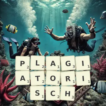 Kreative Illustration für ein Scrabble-Spiel, bei dem das Wort PLAGIATORISCH mit Steinen auf dem Brett gelegt wurde.