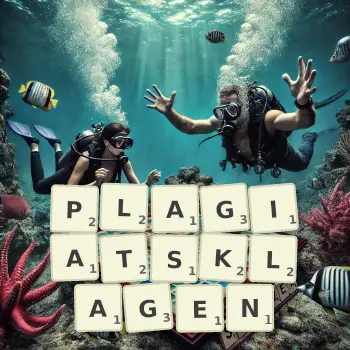 Kreative Illustration für ein Scrabble-Spiel, bei dem das Wort PLAGIATSKLAGEN mit Steinen auf dem Brett gelegt wurde.