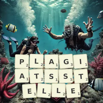 Kreative Illustration für ein Scrabble-Spiel, bei dem das Wort PLAGIATSSTELLE mit Steinen auf dem Brett gelegt wurde.