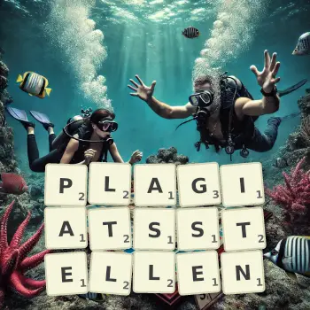 Kreative Illustration für ein Scrabble-Spiel, bei dem das Wort PLAGIATSSTELLEN mit Steinen auf dem Brett gelegt wurde.