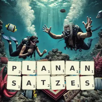 Kreative Illustration für ein Scrabble-Spiel, bei dem das Wort PLANANSATZES mit Steinen auf dem Brett gelegt wurde.