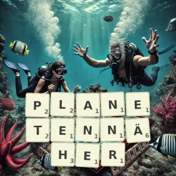 Kreative Illustration für ein Scrabble-Spiel, bei dem das Wort PLANETENNÄHER mit Steinen auf dem Brett gelegt wurde.