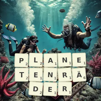 Kreative Illustration für ein Scrabble-Spiel, bei dem das Wort PLANETENRÄDER mit Steinen auf dem Brett gelegt wurde.