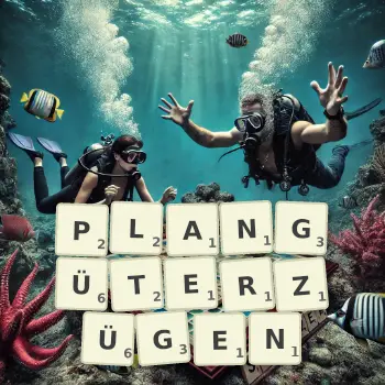 Kreative Illustration für ein Scrabble-Spiel, bei dem das Wort PLANGÜTERZÜGEN mit Steinen auf dem Brett gelegt wurde.