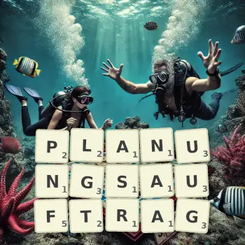 Kreative Illustration für ein Scrabble-Spiel, bei dem das Wort PLANUNGSAUFTRAG mit Steinen auf dem Brett gelegt wurde.