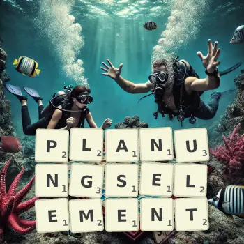 Kreative Illustration für ein Scrabble-Spiel, bei dem das Wort PLANUNGSELEMENT mit Steinen auf dem Brett gelegt wurde.