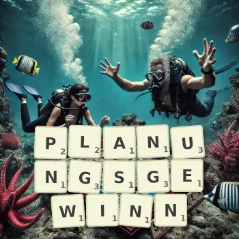 Kreative Illustration für ein Scrabble-Spiel, bei dem das Wort PLANUNGSGEWINN mit Steinen auf dem Brett gelegt wurde.