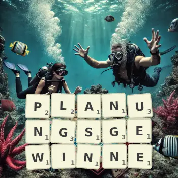 Kreative Illustration für ein Scrabble-Spiel, bei dem das Wort PLANUNGSGEWINNE mit Steinen auf dem Brett gelegt wurde.