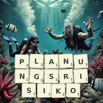 Kreative Illustration für ein Scrabble-Spiel, bei dem das Wort PLANUNGSRISIKO mit Steinen auf dem Brett gelegt wurde.