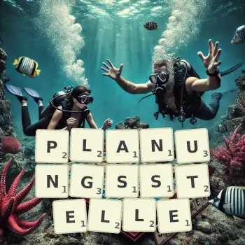 Kreative Illustration für ein Scrabble-Spiel, bei dem das Wort PLANUNGSSTELLE mit Steinen auf dem Brett gelegt wurde.