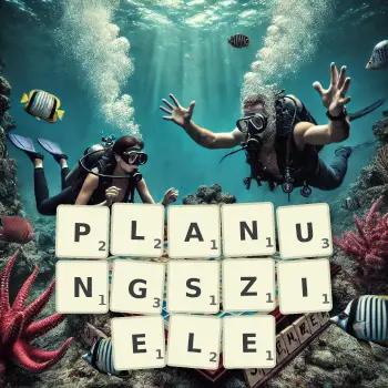 Kreative Illustration für ein Scrabble-Spiel, bei dem das Wort PLANUNGSZIELE mit Steinen auf dem Brett gelegt wurde.