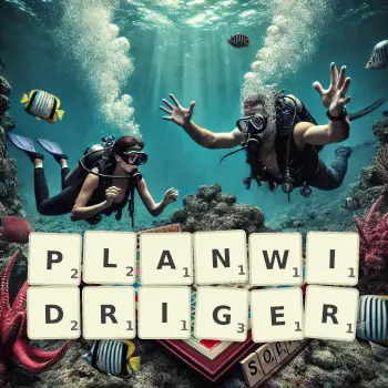 Kreative Illustration für ein Scrabble-Spiel, bei dem das Wort PLANWIDRIGER mit Steinen auf dem Brett gelegt wurde.