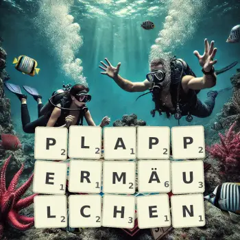 Kreative Illustration für ein Scrabble-Spiel, bei dem das Wort PLAPPERMÄULCHEN mit Steinen auf dem Brett gelegt wurde.