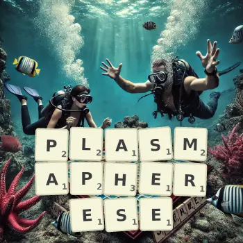 Kreative Illustration für ein Scrabble-Spiel, bei dem das Wort PLASMAPHERESE mit Steinen auf dem Brett gelegt wurde.