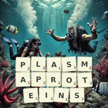 Kreative Illustration für ein Scrabble-Spiel, bei dem das Wort PLASMAPROTEINS mit Steinen auf dem Brett gelegt wurde.