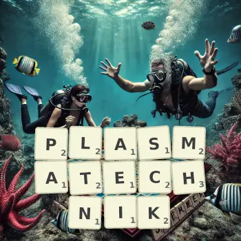Kreative Illustration für ein Scrabble-Spiel, bei dem das Wort PLASMATECHNIK mit Steinen auf dem Brett gelegt wurde.