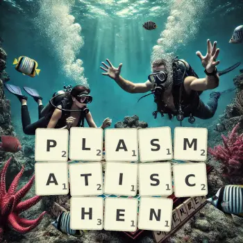 Kreative Illustration für ein Scrabble-Spiel, bei dem das Wort PLASMATISCHEN mit Steinen auf dem Brett gelegt wurde.