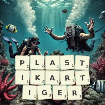 Kreative Illustration für ein Scrabble-Spiel, bei dem das Wort PLASTIKARTIGER mit Steinen auf dem Brett gelegt wurde.