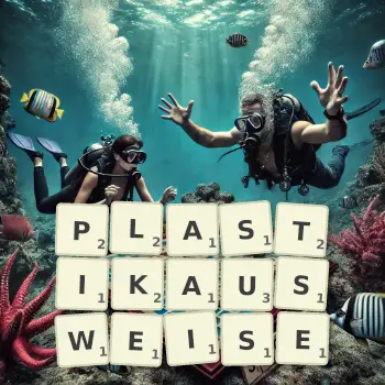Kreative Illustration für ein Scrabble-Spiel, bei dem das Wort PLASTIKAUSWEISE mit Steinen auf dem Brett gelegt wurde.
