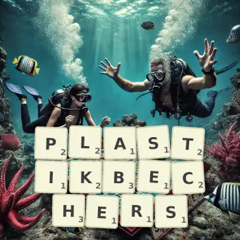 Kreative Illustration für ein Scrabble-Spiel, bei dem das Wort PLASTIKBECHERS mit Steinen auf dem Brett gelegt wurde.
