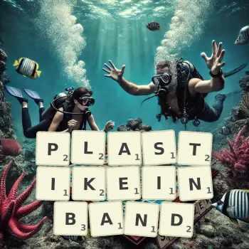 Kreative Illustration für ein Scrabble-Spiel, bei dem das Wort PLASTIKEINBAND mit Steinen auf dem Brett gelegt wurde.
