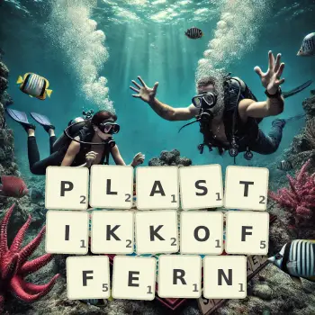Kreative Illustration für ein Scrabble-Spiel, bei dem das Wort PLASTIKKOFFERN mit Steinen auf dem Brett gelegt wurde.