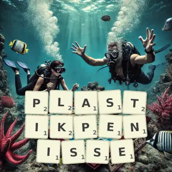 Kreative Illustration für ein Scrabble-Spiel, bei dem das Wort PLASTIKPENISSE mit Steinen auf dem Brett gelegt wurde.