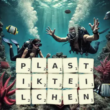 Kreative Illustration für ein Scrabble-Spiel, bei dem das Wort PLASTIKTEILCHEN mit Steinen auf dem Brett gelegt wurde.