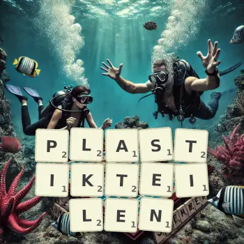 Kreative Illustration für ein Scrabble-Spiel, bei dem das Wort PLASTIKTEILEN mit Steinen auf dem Brett gelegt wurde.
