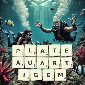 Kreative Illustration für ein Scrabble-Spiel, bei dem das Wort PLATEAUARTIGEM mit Steinen auf dem Brett gelegt wurde.