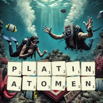 Kreative Illustration für ein Scrabble-Spiel, bei dem das Wort PLATINATOMEN mit Steinen auf dem Brett gelegt wurde.
