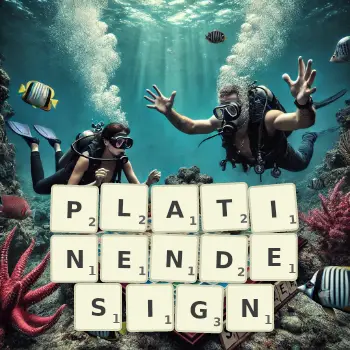 Kreative Illustration für ein Scrabble-Spiel, bei dem das Wort PLATINENDESIGN mit Steinen auf dem Brett gelegt wurde.