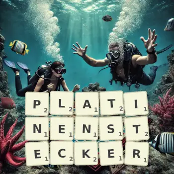 Kreative Illustration für ein Scrabble-Spiel, bei dem das Wort PLATINENSTECKER mit Steinen auf dem Brett gelegt wurde.