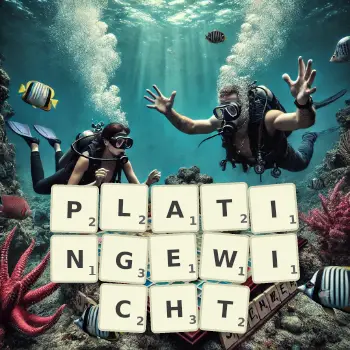Kreative Illustration für ein Scrabble-Spiel, bei dem das Wort PLATINGEWICHT mit Steinen auf dem Brett gelegt wurde.