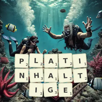 Kreative Illustration für ein Scrabble-Spiel, bei dem das Wort PLATINHALTIGE mit Steinen auf dem Brett gelegt wurde.