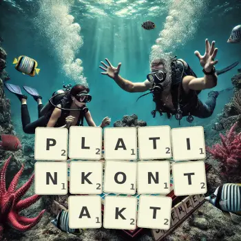 Kreative Illustration für ein Scrabble-Spiel, bei dem das Wort PLATINKONTAKT mit Steinen auf dem Brett gelegt wurde.