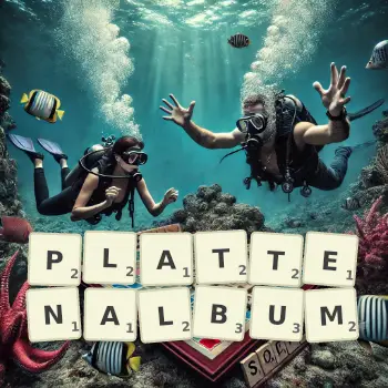 Kreative Illustration für ein Scrabble-Spiel, bei dem das Wort PLATTENALBUM mit Steinen auf dem Brett gelegt wurde.