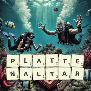 Kreative Illustration für ein Scrabble-Spiel, bei dem das Wort PLATTENALTAR mit Steinen auf dem Brett gelegt wurde.