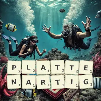 Kreative Illustration für ein Scrabble-Spiel, bei dem das Wort PLATTENARTIG mit Steinen auf dem Brett gelegt wurde.