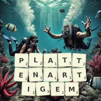 Kreative Illustration für ein Scrabble-Spiel, bei dem das Wort PLATTENARTIGEM mit Steinen auf dem Brett gelegt wurde.