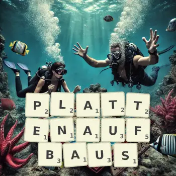 Kreative Illustration für ein Scrabble-Spiel, bei dem das Wort PLATTENAUFBAUS mit Steinen auf dem Brett gelegt wurde.