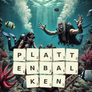 Kreative Illustration für ein Scrabble-Spiel, bei dem das Wort PLATTENBALKEN mit Steinen auf dem Brett gelegt wurde.