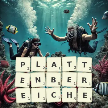 Kreative Illustration für ein Scrabble-Spiel, bei dem das Wort PLATTENBEREICHE mit Steinen auf dem Brett gelegt wurde.