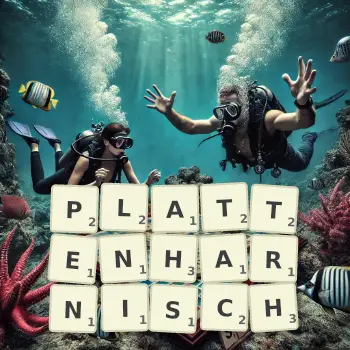 Kreative Illustration für ein Scrabble-Spiel, bei dem das Wort PLATTENHARNISCH mit Steinen auf dem Brett gelegt wurde.