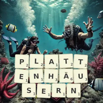 Kreative Illustration für ein Scrabble-Spiel, bei dem das Wort PLATTENHÄUSERN mit Steinen auf dem Brett gelegt wurde.